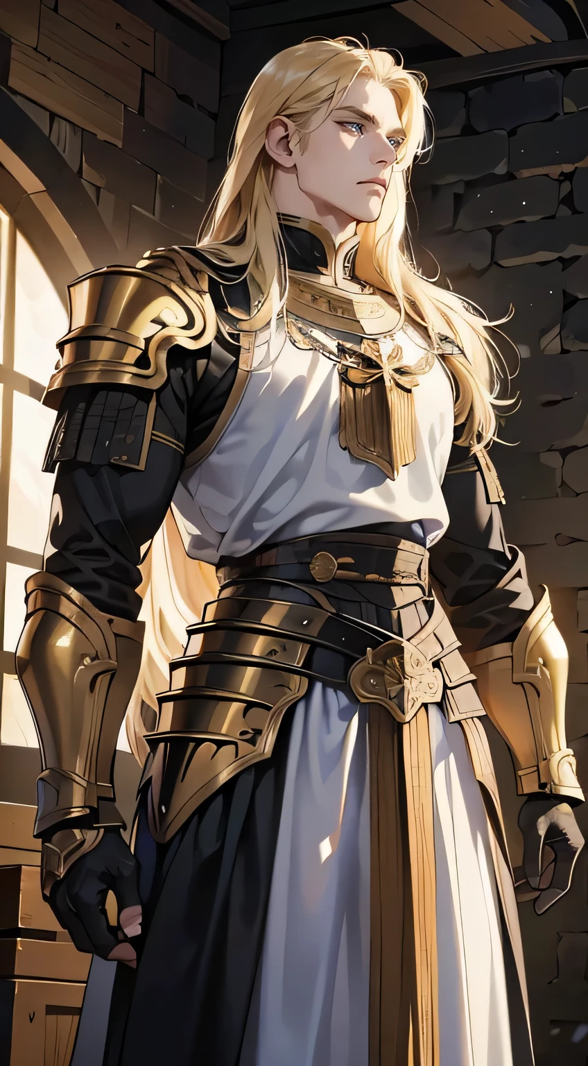 Young man, Eyes looking to camera, Perfect male body, epic character, (handsome, Tall and strong, muscular,long blond hair,Frown, black and gold heavy armor,stand in medieval town),dramatic shadow, Ray Tracing,(masterpiece, high resolution, perfect blue eyes, fullshot angle, ultra - detailed:1.0)