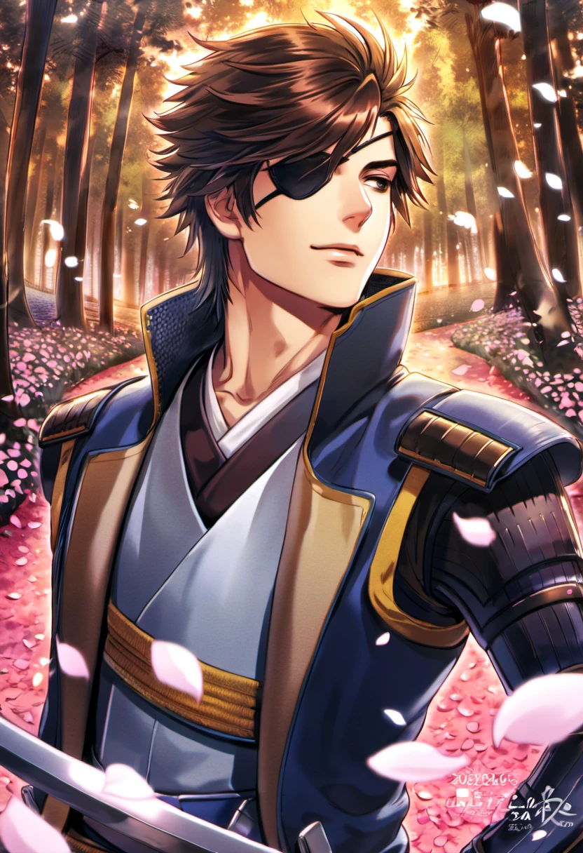 Ultra detailed, Highres, absurdres, HDR, Date Masamune, brown hair, brown eye, black eye patch, Sengoku basara, petals, handsome, 1 man only, forest,