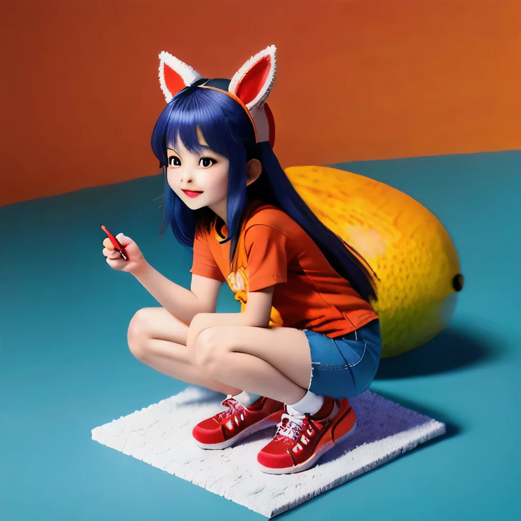 Fruit Girl,45 degrees,Mini Equidistant, Squat,Cheerful,very happy, 1girl,alternate costume,animal ears,bare legs,black hair,blue shorts,blurry,blurry background,blurry foreground,brown eyes,denim,denim shorts,depth of field,full body,gradient,hand on own knee,hat,lips,long hair,looking at viewer,multicolored hair,nose,open mouth,orange background,outdoors,photo \(medium\),realistic,red footwear,shadow,shirt,shoelaces,shoes,short sleeves,shorts,signature,smile,sneakers,solo,squatting,straw hat,t-shirt,tail,v,white shirt
