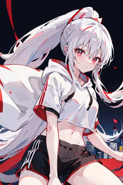 anime girl, long white hair, ponytail, red eyes, white crop top hoodie, black training shorts, city(hd view), 8k, high resolution, good body, hidh details 