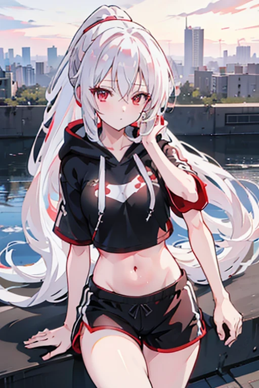 anime girl, long white hair, ponytail, red eyes, white crop top hoodie, black training shorts, city(hd view), 8k, high resolution, good body, hidh details 