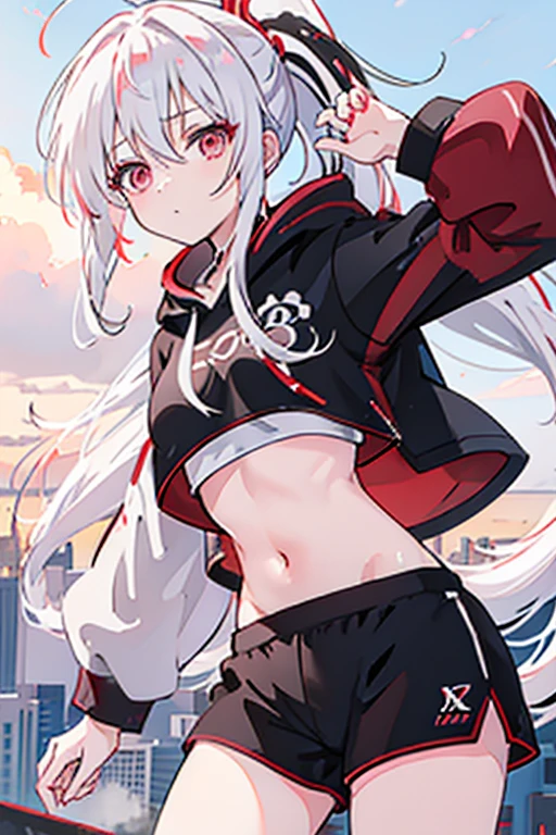 anime girl, long white hair, ponytail, red eyes, white crop top hoodie, black training shorts, city(hd view), 8k, high resolution, good body, hidh details 