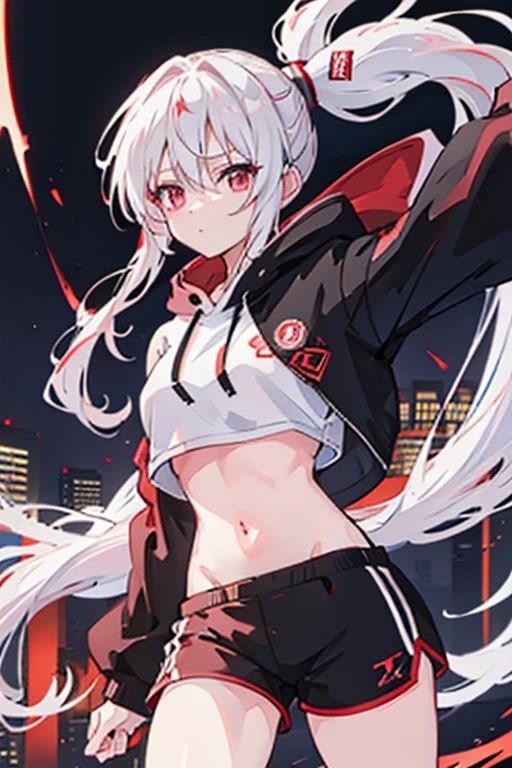 anime girl, long white hair, ponytail, red eyes, white crop top hoodie, black training shorts, city(hd view), 8k, high resolution, good body, hidh details 