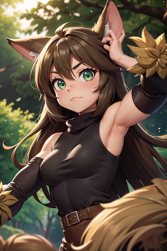 by kenket, by totesfleisch8, (by thebigslick, by silverfox5213:0.8), (by syuro:0.2),, king-adelaide, twokids, (best quality, masterpiece:1), solo, furry female anthro, green eyes, arm wraps, long hair, light brown hair, portrait, fingers, finger claws, looking at viewer, feline tail, strong, muscular, crown, (outdoors dark forest trees blurry blurred background:1.1),
