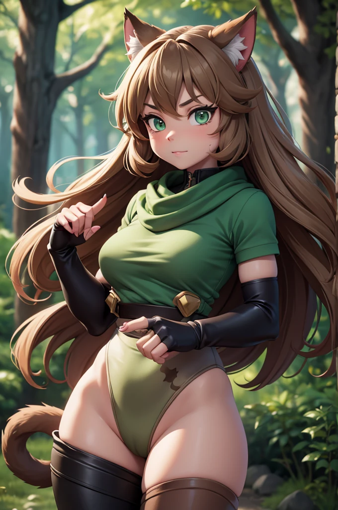 by kenket, by totesfleisch8, (by thebigslick, by silverfox5213:0.8), (by syuro:0.2),, king-adelaide, twokids, (best quality, masterpiece:1), solo, furry female anthro, green eyes, arm wraps, long hair, light brown hair, portrait, fingers, finger claws, looking at viewer, feline tail, strong, muscular, crown, (outdoors dark forest trees blurry blurred background:1.1),