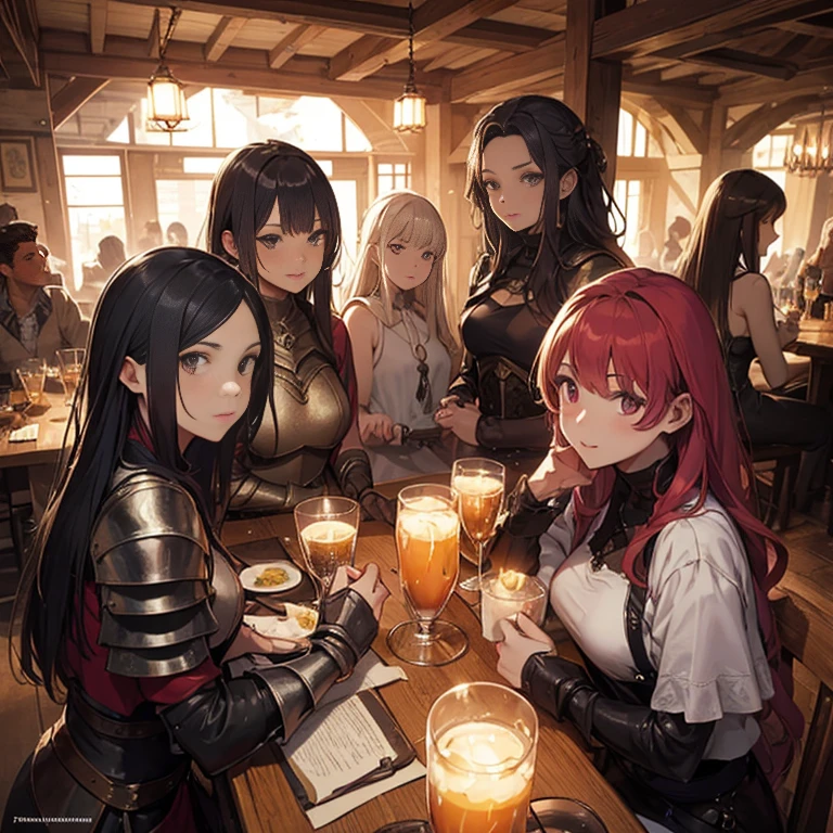 A group of female medieval fantasy adventurers, (in tavern), various hair styles, harem, night, details face, seducing, sleeveless, armor