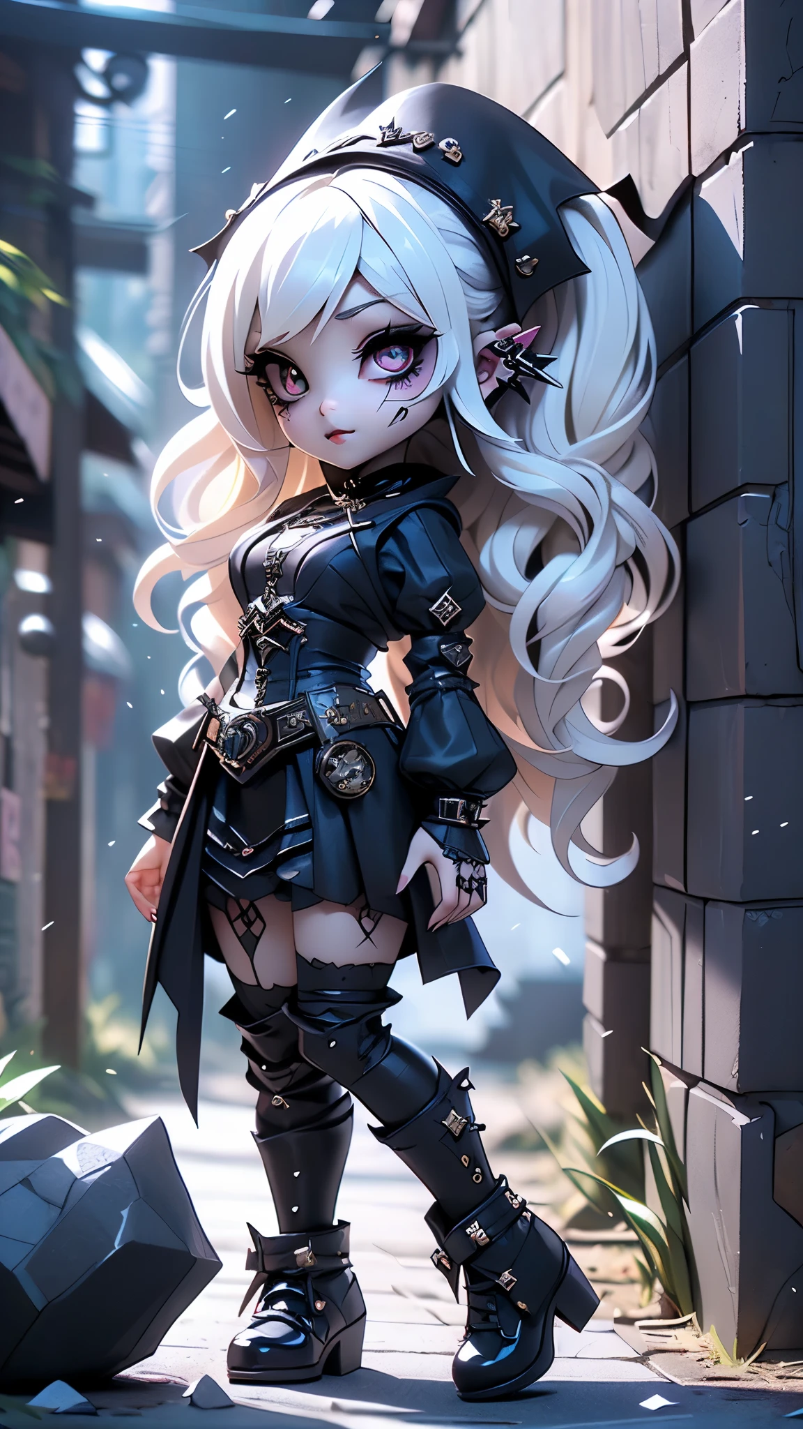 score_9, score_8_up, score_7_up, score_6_up, rating_explicit, 1girl, ((18YO:1.2)), Adult, full lips, ((blond hair:1)), (long wavy hair: 1.2),(lolita gothic punk rock :1.4 )、(Detalles de la cara: 1.5, ojos azules brillantes, hermoso rostro, ojos bonitos, Contorno del iris, labios delgados: 1.5, Thin, sharp pale eyebrows, Long, dark eyelashes, double tabs),(gothic fashion:1.4)、(neogothic:1.3)、(Fine-grained denim vestido:1.4 )、(Vistiendo una sirvienta steampunk detallada en mezclilla y blanco.:1.5)、(cuello y mangas de encaje:1.1)、(calcetines hasta la rodilla de mezclilla:1.3)、(heart mark decoration:1.guantes de moda unrock:1.4)、(adorno de pelo de lujo:1.4)、(heart brand belt)、(Tacones altos de mezclilla)、(La ropa interior es a rayas.:1.4)(colores brillantes), ,( ciberpunk 2.1),( solo), (background alley walls big stones:1.4), (colores brillantes) 