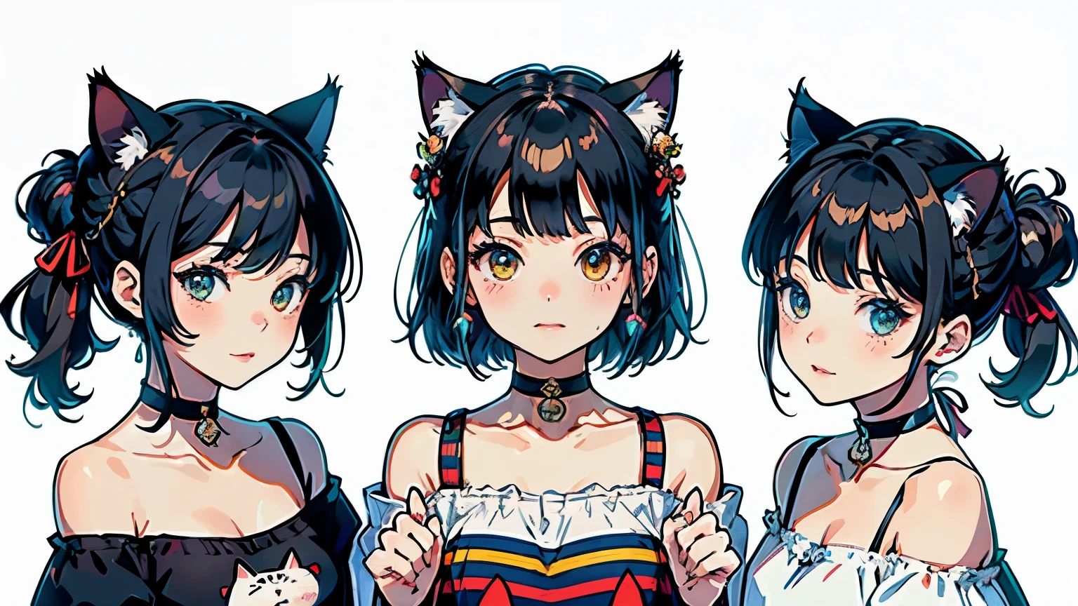 (highest quality, masterpiece, High resolution)、(anime art)、,cinematic light、soft light、two girls、(several girls)、black hair、Tabby cat costume、(Striped cat costume)、Persian Cat Costume、3-color cat costume、(loose t-shirt)、loose shirt、off shoulder、sexy mini dress、Cat ear、bob cut、semi-long、bun hair、hair ornaments、choker、Cute face detailed、enchanting smile、small breasts、whole body、(cat pose)、beckoning、(playing)、play with each other、dance、Cat jarashi、cracker、party、((white background))、