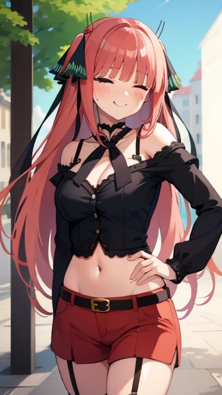 An anime girl with red hair and blue eyes wearing a skirt and an open shirt revealing a black and red lace bra