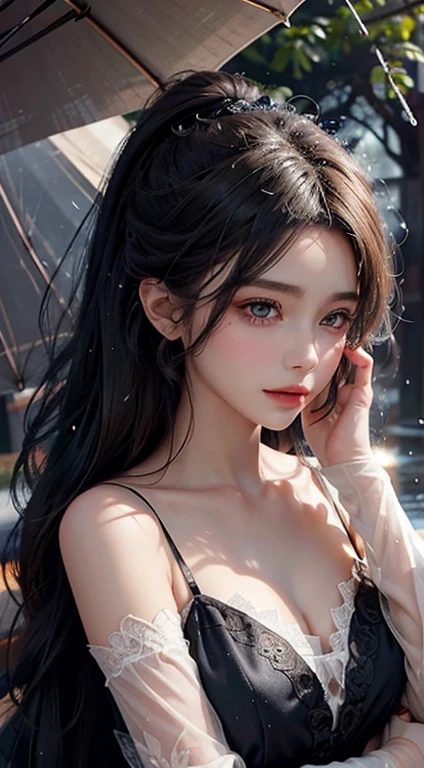 In the enchanting world of art, a pretty girl is depicted in 4K Ultra HD, bringing every detail to life in stunning clarity. With a cute face, her fine eyes gleam under the moderate breathing she takes, adding a sense of tranquility to the scene. Dressed in a beautiful, shining black dress, the intricate patterns and textures of the fabric are illuminated by the dim light, creating an ethereal atmosphere. The rain effect adds a touch of mystery, with water droplets gently cascading down her upper body, leaving a subtle wet sheen. Despite the evening time, her detailed lips maintain a captivating allure, offering a hint of a secret smile. The