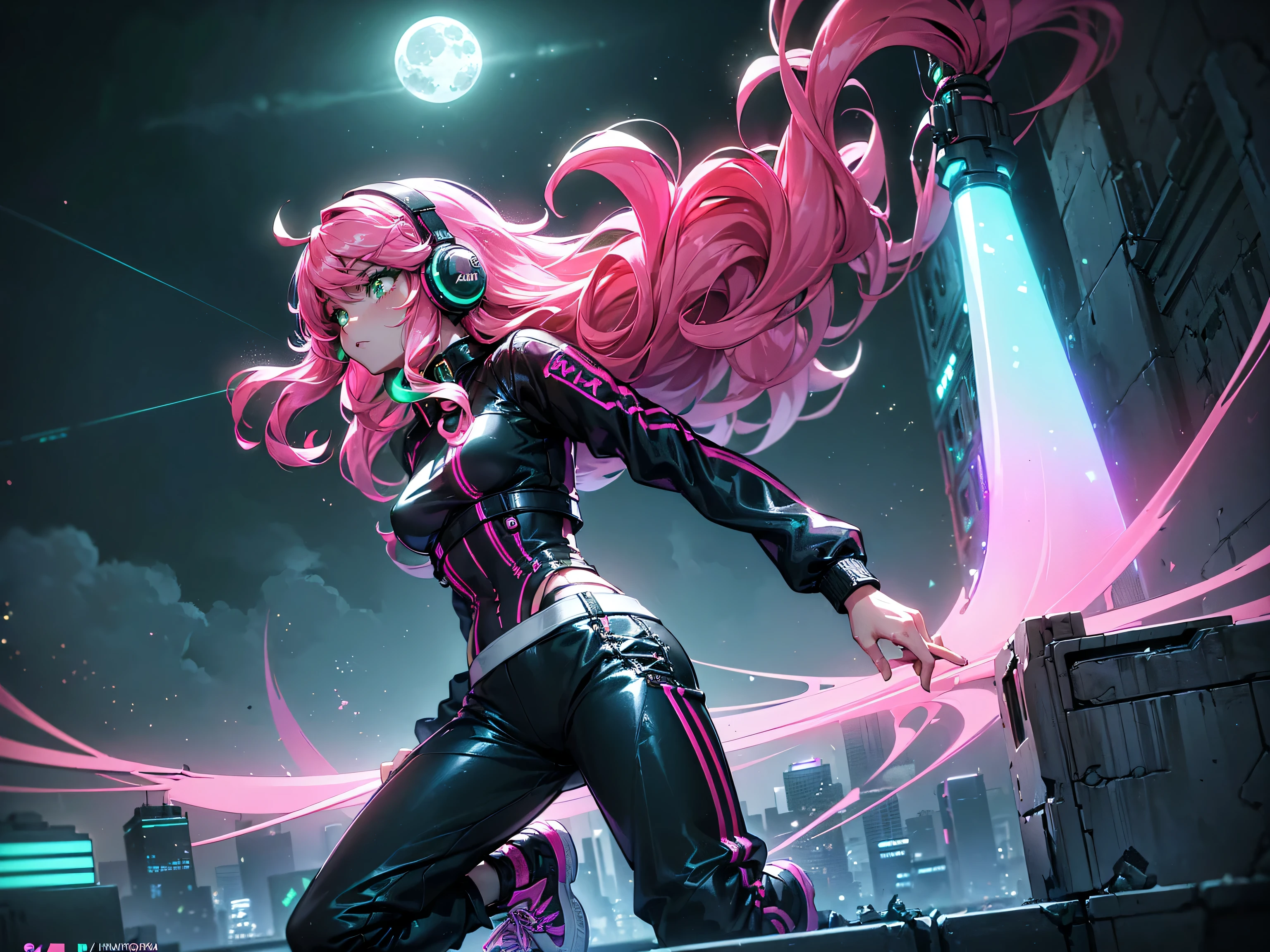 masterpiece:1.4, 1girl ((20year old, dressed in long sleeve shirt, tight black shorts, sneakers, medium breasts, multicolor pink hair, curly long hair, green eyes:1.4, Wearing headphones, looking towards camera, standing in a futuristic city street:1.1 tall sci-fi buildings in background:1.1, moonlight:1.2, neon and energetic atmosphere:1.2)) ((nighttime)) ((low camera angle, ground view)) ((solo:1.6))