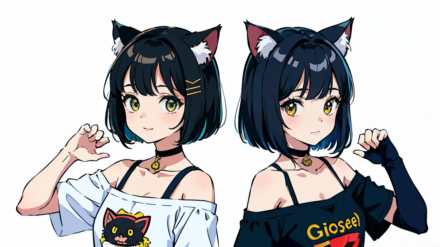 (highest quality, masterpiece, High resolution)、(anime art)、,cinematic light、soft light、two girls、(several girls)、black hair、Tabby cat costume、(Striped cat costume)、Persian Cat Costume、3-color cat costume、(loose t-shirt)、loose shirt、off shoulder、sexy mini dress、Cat ear、bob cut、semi-long、bun hair、hair ornaments、choker、Cute face detailed、enchanting smile、small breasts、whole body、(cat pose)、beckoning、(playing)、play with each other、dance、Cat jarashi、cracker、party、((white background))、