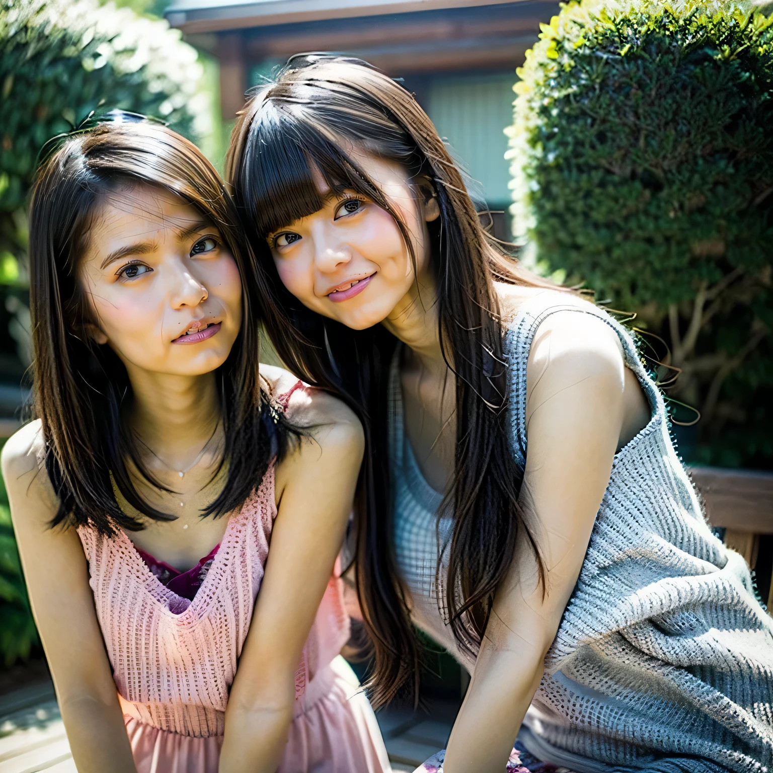 Two beautiful girls wearing summer knits、Japanese、16 years、look away from the camera、terrace、spinning、black haired、