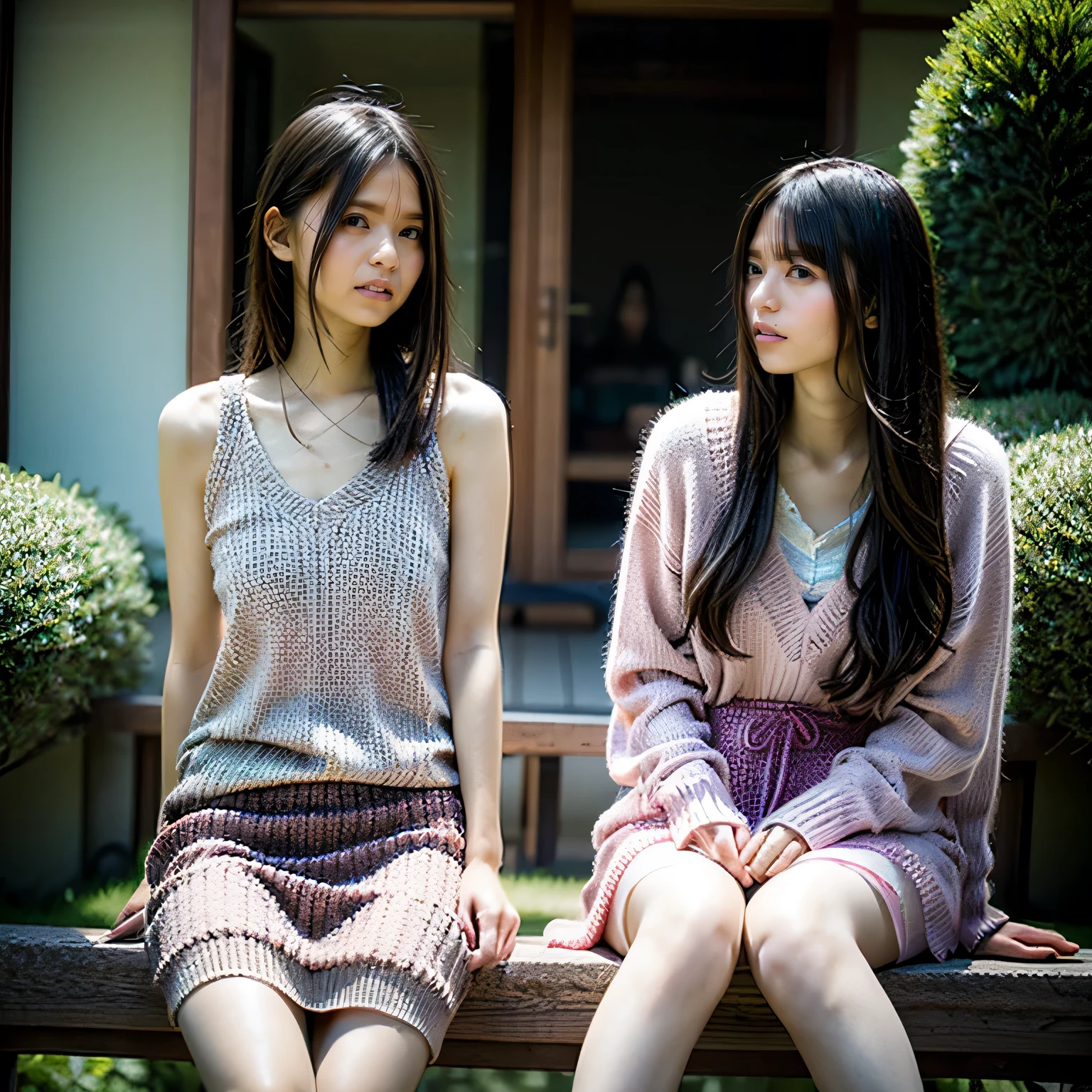 Two beautiful girls wearing summer knits、Japanese、16 years、look away from the camera、terrace、spinning、black haired、
