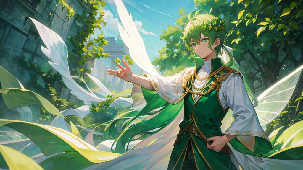 handsome boy, green hair, plants on his head, green eyes, white royal clothes, emerald necklace, white fairy wings, 8k resolution, sky