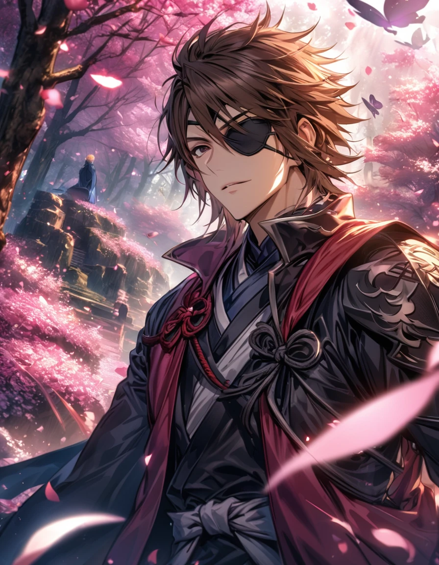 Ultra detailed, Highres, absurdres, HDR, Date Masamune, brown hair, brown eye, black eye patch, Sengoku basara, petals, handsome, 1 man only, pink forest, butterflies