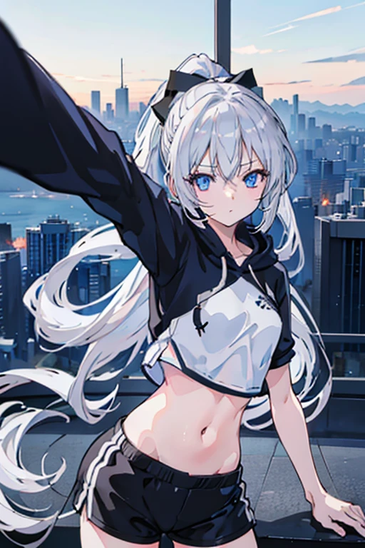 anime girl, long silver hair, ponytail, blue  eyes, white crop top hoodie, black training shorts, city(hd view), 8k, high resolution, good body, high details, masterpiece 