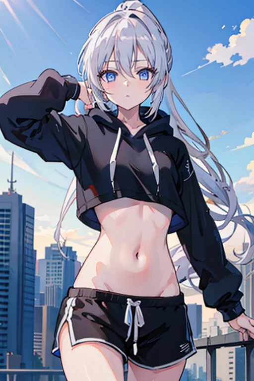 anime girl, long silver hair, ponytail, blue  eyes, white crop top hoodie, black training shorts, city(hd view), 8k, high resolution, good body, high details, masterpiece 