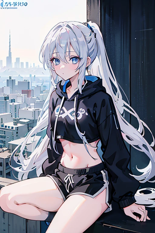 anime girl, long silver hair, ponytail, blue eyes, white crop top hoodie, black training shorts, city(hd view), 8k, high resolution, good body, high details, masterpiece