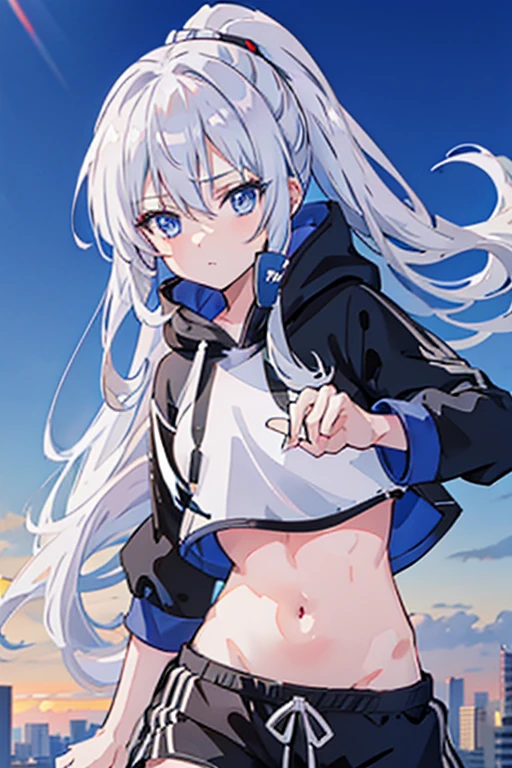 anime girl, long silver hair, ponytail, blue  eyes, white crop top hoodie, black training shorts, city(hd view), 8k, high resolution, good body, high details, masterpiece 