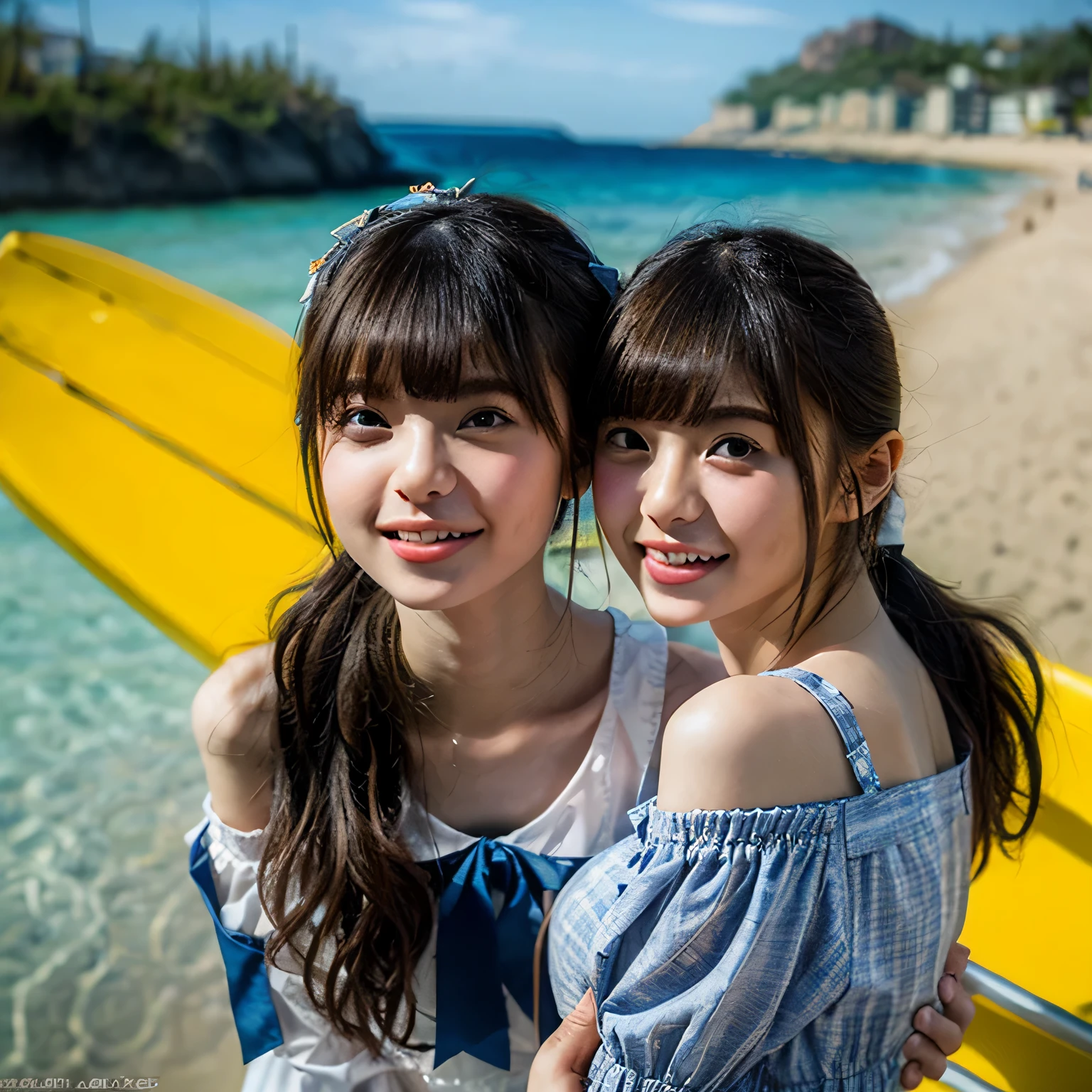 (8K、RAW photo、highest quality、master piece:1.2),(((two girls,duo,stroking,on the beach))),、super detailed、super resolution、(surreal:1.4)、（Use the kiss you throw as a camera）From above、camera shot from above、Shoot the camera angle from above、I&#39;m looking up at you、outstretched arm、spread your arms wide、Use high quality images taken from above with a camera、(girl on the beach 1 5 digits:1.3)、、offshore girl（dreamy lighting）from head to waist、、white skin、colorwhite female correction、Super high quality、、Beautiful female proofreading reflected in the light、amazing details、Highly detailed beautiful girl、(Faces with various patterns 1:1.2)、(Various facial expressions of emotion 1:1.3)、Each hairstyle has its own characteristics.、color々hairstyle、color々Hair color shines with a beautiful luster、I love fishing on a boat、Brown hair that sparkles in the light、One person has a ponytail、、modern cute girl、Highly detailed face Highly detailed eyes、very realistic skin、 very fine fingers, highly detailed nose, highly detailed mouth, perfect anatomy, (Off-the-shoulder Lolita outfit 1:1.2)、、The details of the hair are sparkling、hot teeth and smile、realistic body, white skin, glowing skin, Because I&#39;m slender, long straight hair, (dull bangs:1.2), , nixeu and sakimichan, Second time, seifuku, sakimichan, Still images for advertising, Larisa Manobar, Alena Aenami and Lilia Alvarado