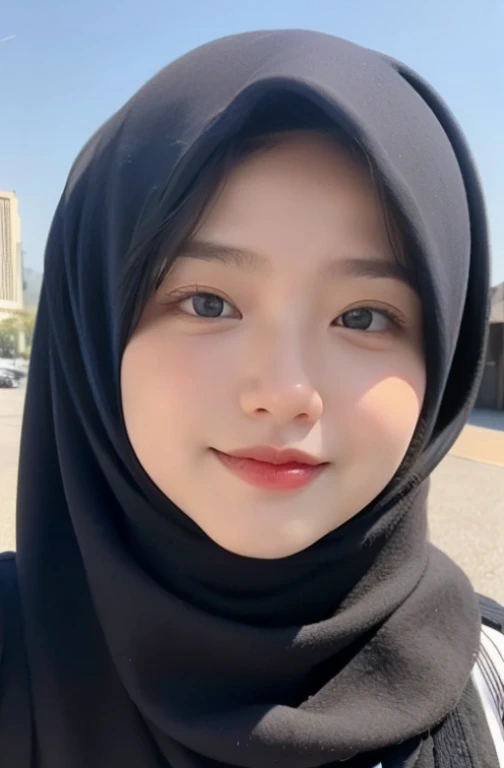 Wear hijab blue collor, ((Best quality, 8k, Masterpiece :1.37)), position:sitting, face looking at the camera holding a smart phone, ( women in hijab), women in hijab blue, style model, ( women in hijab), beautiful face, Beautiful detailed eyes, Korean eyes, nose detail, Natural Lips, 18 year old girl, black hair, very detailed face, ultra detailed body, slim body, detailed big breasts, detailed hairy vagina, Wearing Muslim hijab , luxurious jubba thobbe, blue sky view, slim body, realistic face, women wearing hijabs, smiling face