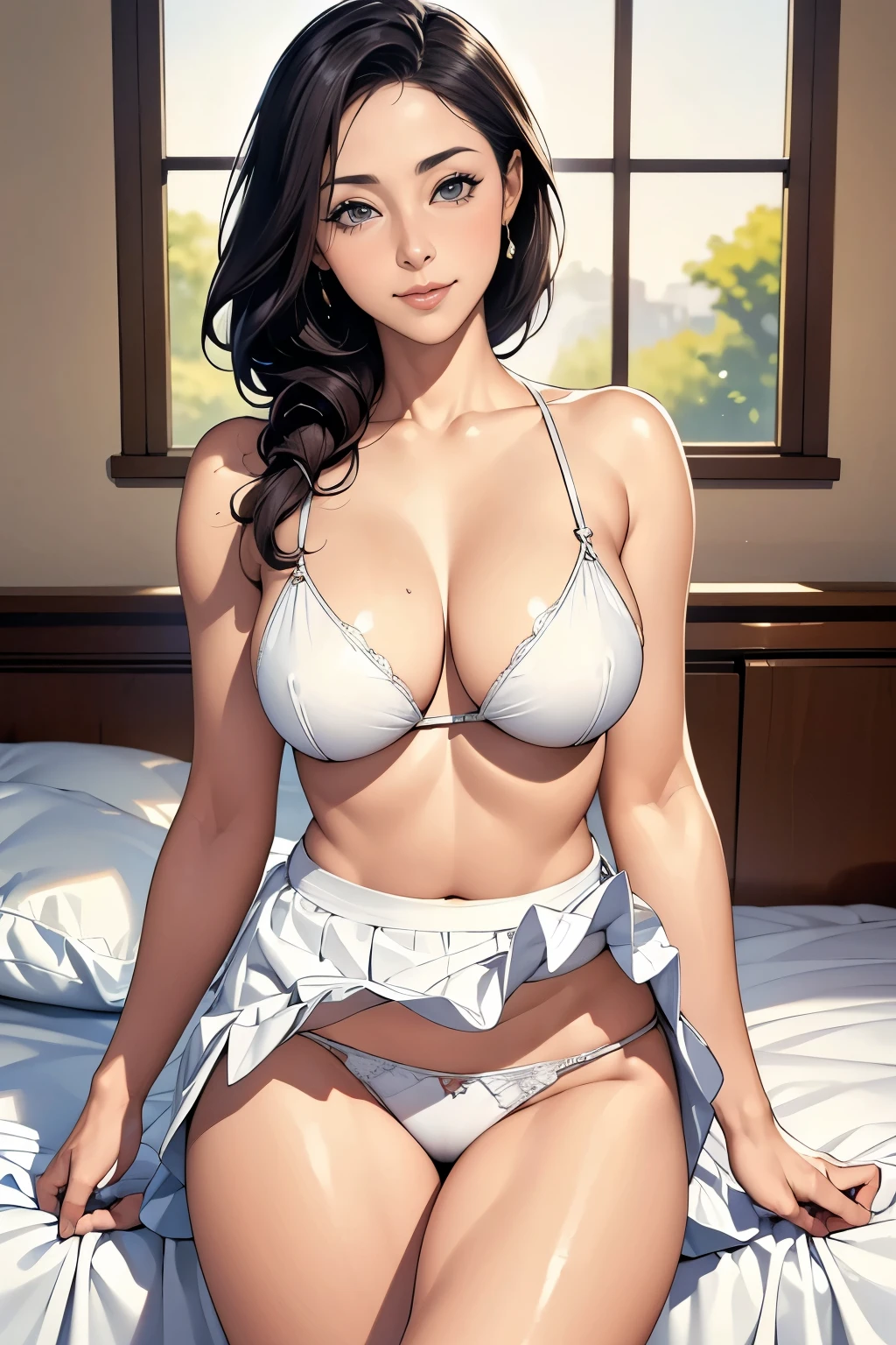(masterpiece:1.2, highest quality), (realistic, photorealistic:1.4), beautiful illustrations, (natural side lighting, movie lighting), Depth of written boundary,
looking at the viewer,Front view, 1 female, mature woman, 50 years old, everyday wear、Aunt、perfect face, Cute symmetrical face, shiny skin,
random hairstyle、Big eyes, droopy eyes, long eyelashes chest), thin, beautiful thighs、tall、beautiful hair, beautiful face, fine and beautiful eyes, beautiful clavicle, beautiful body, beautiful breasts, beautiful thighs, beautiful feet, beautiful fingers,
((fine fabric texture)), smile、tilt one's head、
(beautiful scenery),(bedroom background), Are standing, (smile), (((skirt lift, I can see white panties)))
