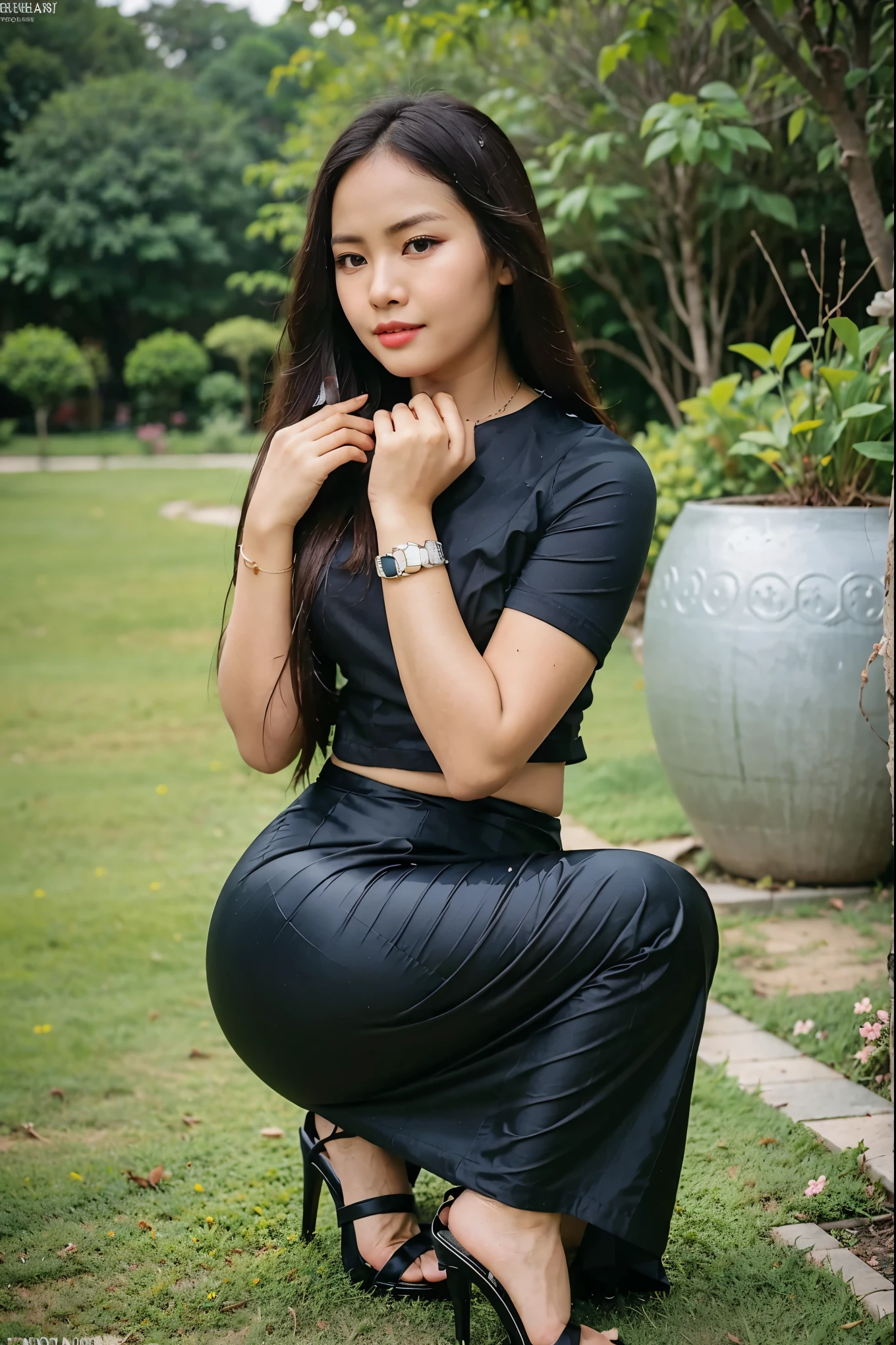 RAW photo, A pretty lady MoonLay with long hair is squatting, on the grass, in a vibrant flower garden, wears a long Indonesian batik black skirt and a black Indonesian batik shirt, Indonesia batik with intricate design, stiletto heel, Beautifully thick Body, acmm ss outfit, acmm long skirt, wearing acmm top, sandal heel, very attractive and beautiful, with lovely look, perfect sexy squatting pose, traditional clothes, very beautiful enga style, (high detailed skin:0.8), 8k uhd, dslr, soft lighting, HDR, warm light, high quality, film grain, Fujifilm XT3