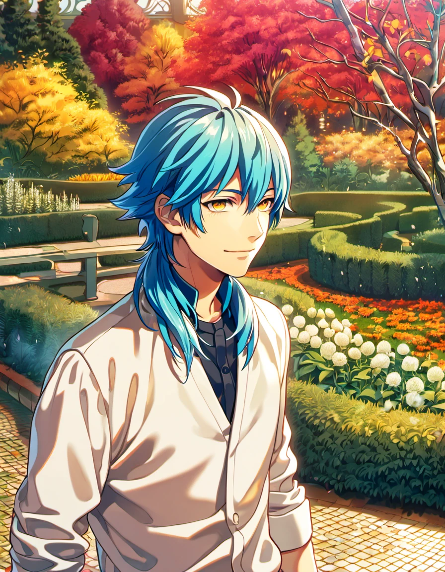 absurdres, highres, ultra detailed, HDR, masterpiece, Seragaki Aoba, blue hair, expressive golden eyes, Dramatical Murder, 1man, handsome, petals, garden, autumn 