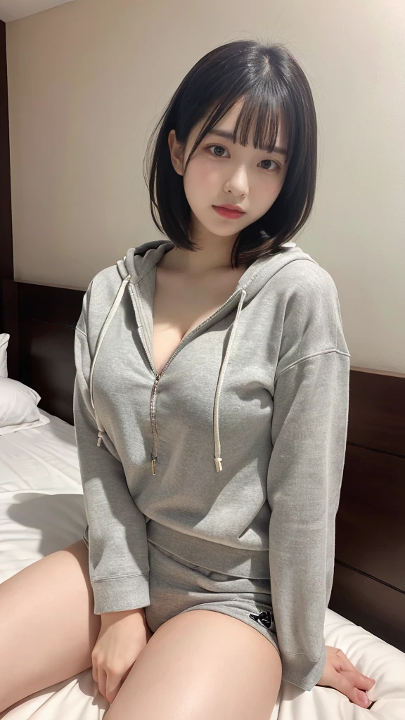 muste piece, best quality, illustration, Super detailed, fine details, High resolution, 8K,wall paper, perfect dynamic composition,(Details High quality, realistic depiction of eyes:1.3), Oversized Light Grey Hoodie, Erotic Shorts, short bob hair、Lying down, black hair color, Big Natural Color Lip, bold sexy pose, (perfect body shape), crying a little、cold gaze, Harajuku style、20 year old girl、cute type、lolita、beautiful legs, hotel room, hposing Gravure Idol, Voluptuous thighs
