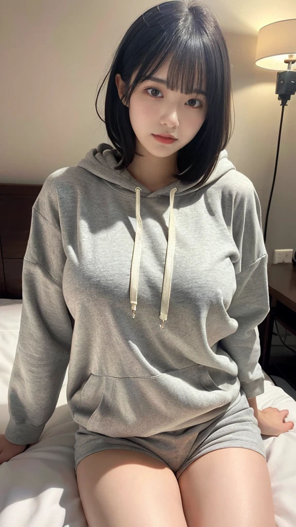 muste piece, best quality, illustration, Super detailed, fine details, High resolution, 8K,wall paper, perfect dynamic composition,(Details High quality, realistic depiction of eyes:1.3), Oversized Light Grey Hoodie, Erotic Shorts, short bob hair、Lying down, black hair color, Big Natural Color Lip, bold sexy pose, (perfect body shape), crying a little、cold gaze, Harajuku style、20 year old girl、cute type、ta、beautiful legs, hotel room, hposing Gravure Idol, Voluptuous thighs