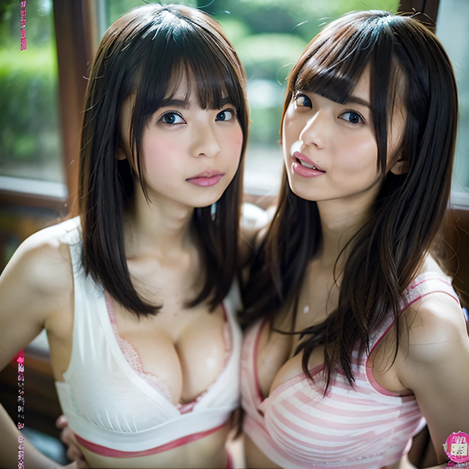 Identical twin sisters having fun,chaos:1.2, :1,2, Weird:1,2, NSFW:1,2, lesbian yuri:1,2, kissing, red face, wear a tank top, hot summer day、P cup breast,white panties,Dripping sweat