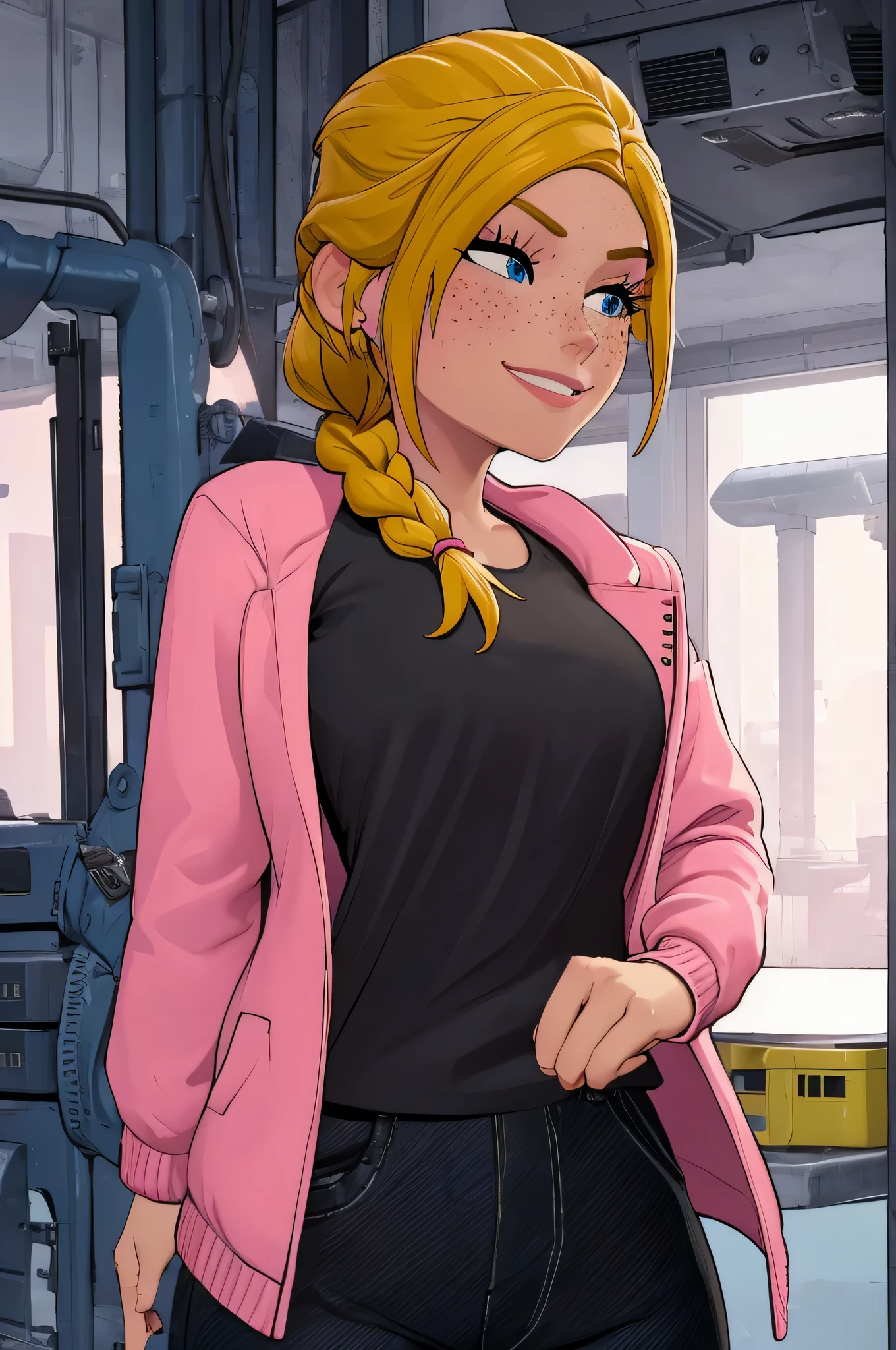 (masterpiece, best quality, high resolution:1.2), 1girl, solo, freckles, blue eyes, blonde hair, braid, shirt, black shirt, jacket, pink jacket, long sleeves, pants, black pants, black footwear, smile, close up, portrait