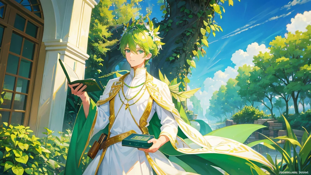 handsome boy, green hair, plants on his head, green eyes, white royal clothes, emerald necklace, white fairy wings, book in his hand, 8k resolution, sky