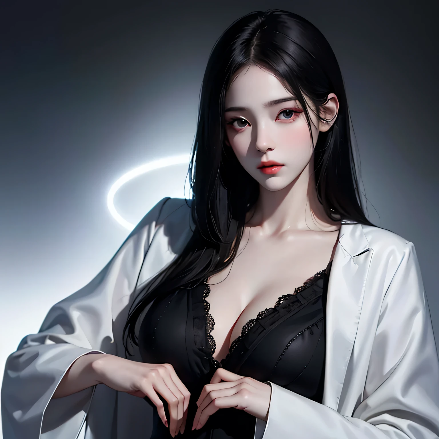 Beautiful girl with realistic black eyes, pale skin, medium length black hair, perfect face, perfect eyes, wearing a coat, very detailed, comprehensive movie, digital painting, 8K, cinematic lighting, highest quality, High resolution, great work, Post-processing, perfect result, surreal,(((revealing clothes))),big breasts
