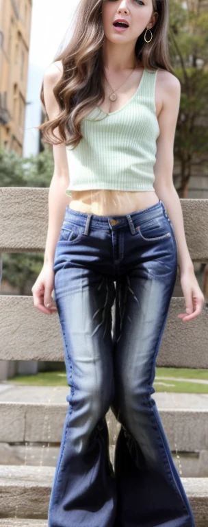 masterpiece, extremery magnificent view, perspective, extremery best quality, extremery detailed CG, 8k wallpaper, ultra high resolution, highly detailed face, highly detailed eyes, perfect ???????, super detailed skin, not safe for work, (peeing self:1.8),
(dynamic angle, seductive pose:1.2), outdoors, downtown, (legs focus, full body:1.3), (beautiful face, beautiful eyes, beautiful legs), 
1girl, 20 year old, european, brown hair, wavy hair, very long hair, forehead, blue eyes, blush, scared, panicking, crying, tears, open mouth, hard nipples, cleavage, black croptop, navel, (hands between legs:1.4), skinny, wide hips, thin waist, (jeans pants, flares jeans, blue jeans), (knees together feet apart:1.4), white shoes, shins of jeans are soaked with pee, wet pee spot bulges out onto hips, jeans are shiny wherever they are wet with pee, jeans soaked with pee, sneakers soaked with pee, legs of jeans soaked with pee, dripping wet, lower legs of jeans soaking wet