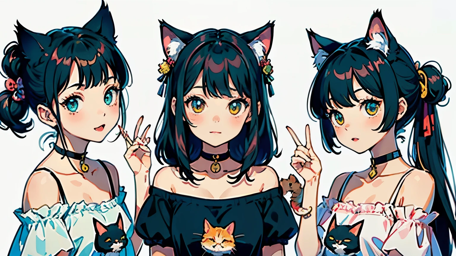 (highest quality, masterpiece, High resolution)、(anime art)、,cinematic light、soft light、two girls、(several girls)、black hair、Tabby cat costume、(Striped cat costume)、Persian Cat Costume、3-color cat costume、(loose t-shirt)、loose shirt、off shoulder、sexy mini dress、Cat ear、bob cut、semi-long、bun hair、hair ornaments、choker、Cute face detailed、enchanting smile、small breasts、whole body、(cat pose)、(playing)、dance、Cat jarashi、cracker、party、((white background))、