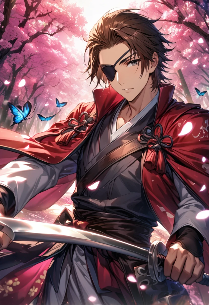 Ultra detailed, Highres, absurdres, HDR, Date Masamune, brown hair, brown eye, black eye patch, Sengoku basara, petals, handsome, 1 man only, pink forest, butterflies