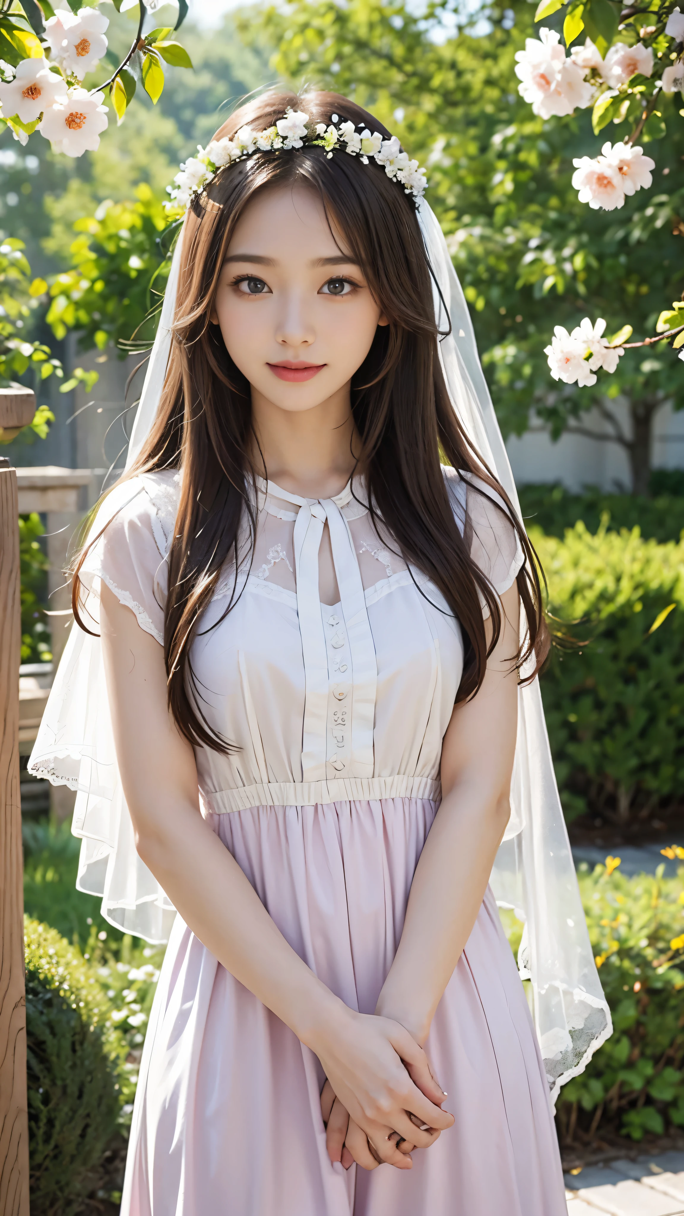 masterpiece、Superb works、daytime、outdoor、White flowers fall、Perfect woman in a white dress、1 girl、Woman with long chestnut hair、Shining grey blue eyes、Gentle pale pink lips、Chilled、serious expression、Gentle bangs、Purplish eyes、Pink clothes fluttering on a clothes line、delicate features、Standing with a graceful bow、Tassels fluttering in the breeze、 Happiness spreads from smiles。
