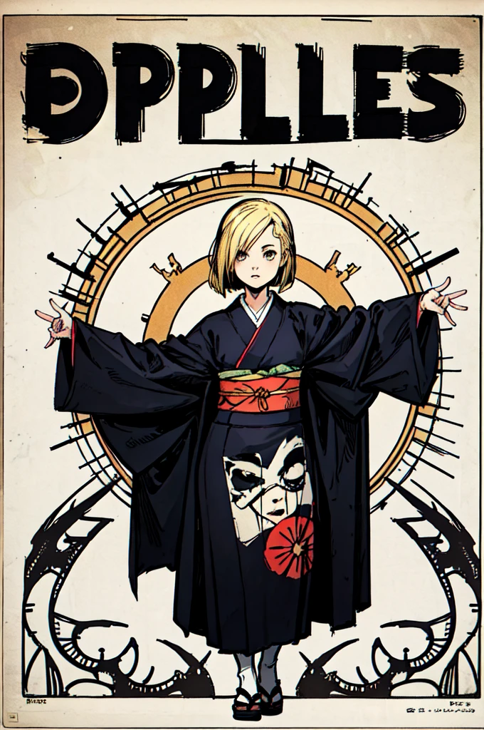 ((Blonde bob-haired girl in black kimono))、((ruins)), ((punk band poster)),cartoon style, Horror elements, Comic book style illustrations, (drawing style), full body (Spooky), Japanese carving, primitive art, circus, crazy illustration, flat illustration、small eyes