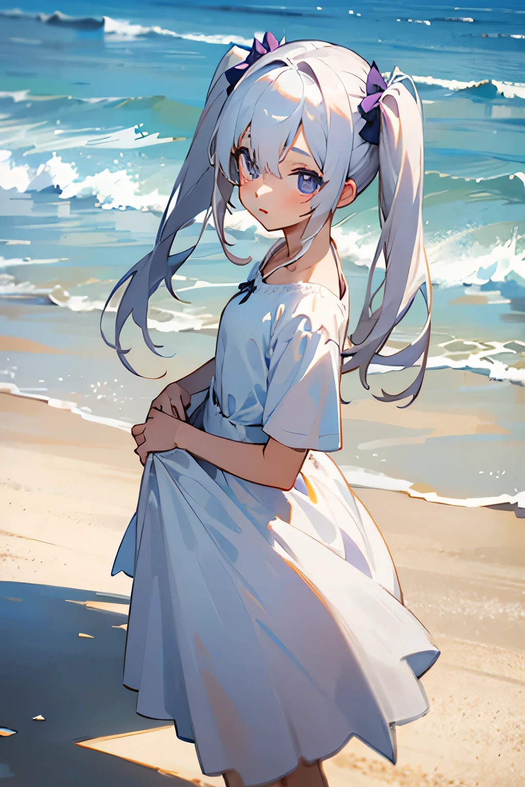 Anime white hair young twin tails girl at beach with white dress her right eye blue and left purple