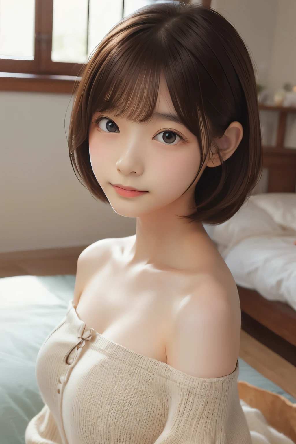 Ultra High Resolution, (Realistic: 1.4), RAW Photo, Best Quality, (Photorealistic), Focus, Soft Light, ((15 years old)), ((Japanese)), (Front, Young Face))), (Depth of Field), (One Piece), Masterpiece, (Photoreal), Woman, Bangs, (( off-the-shoulder top, Bedroom, 1 Girl))