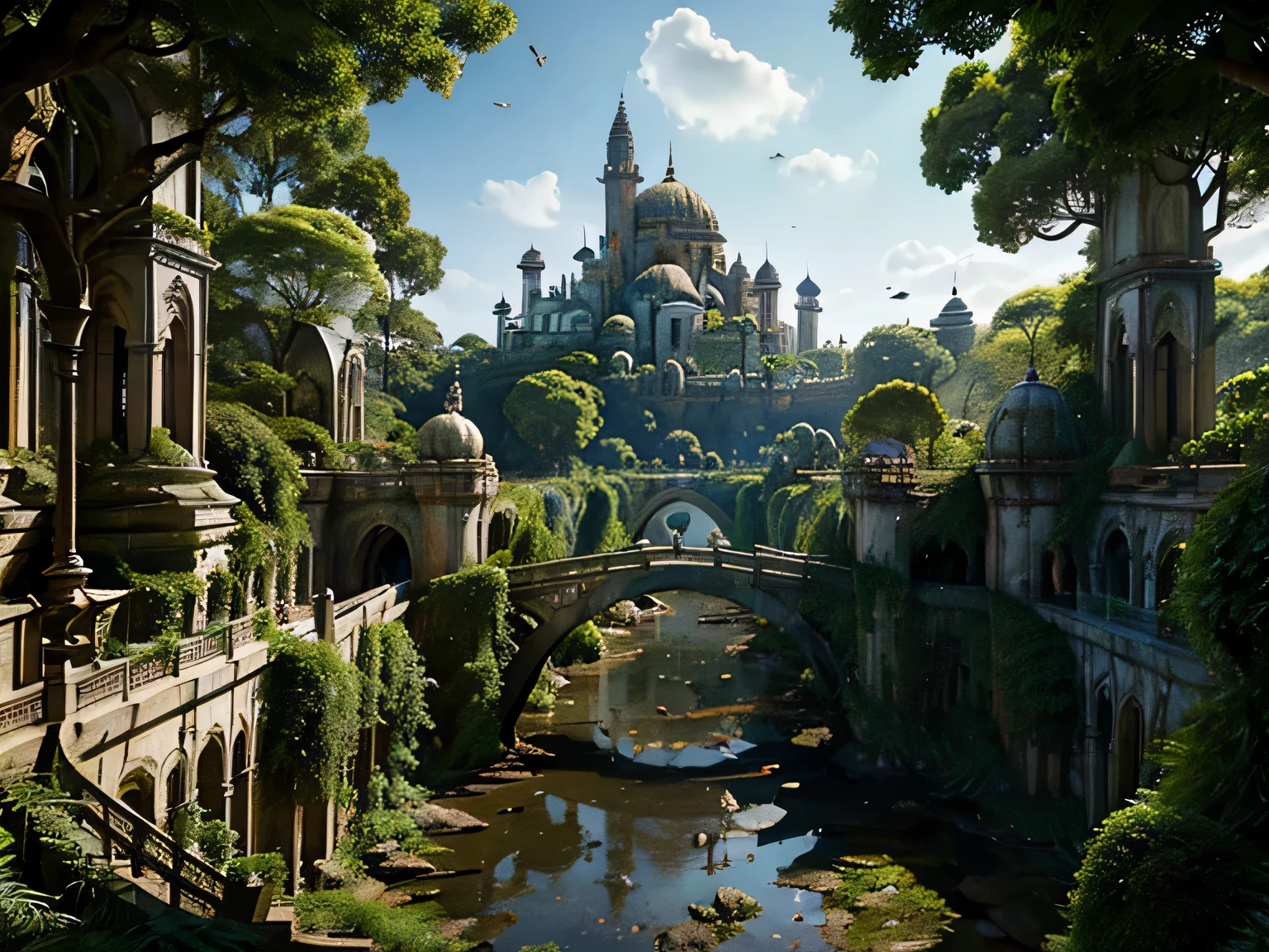 A ancient city reclaimed by the forest, crumbling stone walls and towers peeking through a sea of dense vegetation. Once splendid castle and temples, now just vine-covered rubble and moss-laden ruins poking above the treetops. Intricate stonework barely visible under thick creeping ivy and moss. Empty streets and alleys totally obscured by huge gnarled roots and flowering creepers. Crumbling statues of kings and queens stand weathered and worn, as squirrels and birds nest atop their heads. A gentle stream trickles through the cracked central plaza, waterfall cascading through where majestic palace once stood. Only bats reside here now, roosting in the damp catacombs beneath temples. Birdsong and rustling leaves have replaced hymns and human voices. The mighty walls that once protected now gradually decaying as the forest reclaims its land. This drowned city a relic of a lost people, slowly being enveloped forever in the embrace of the woodland realm.