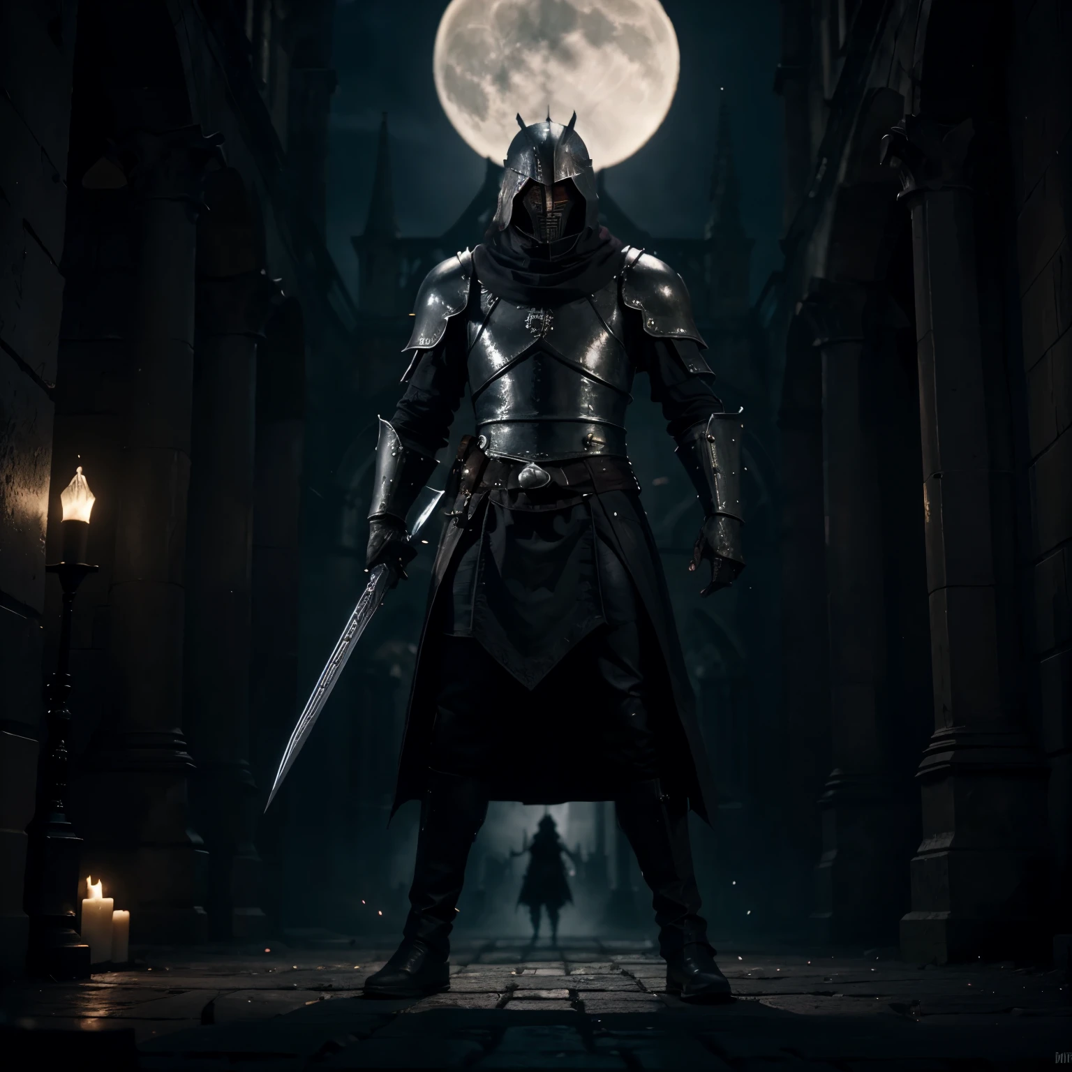 Design a battle between a Templar knight and a demonized man in 4K dark soul style with a Gothic cathedral in the background and on a dark night with a full moon you must