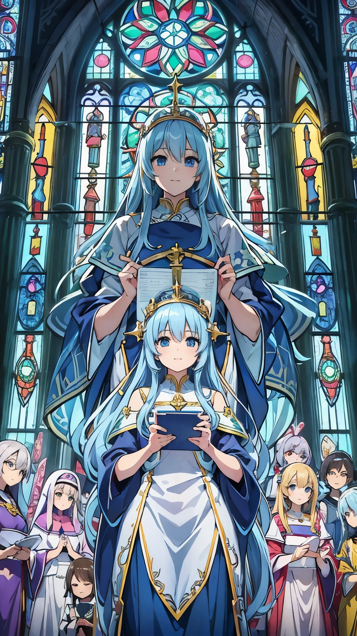 Bright Church、With a statue of Mary in the background、A vibrant stained glass window、Smiling beautiful girl、light blue long hair、Beautiful twin-tailed priestess,  With the choir.、anime moe art style, clean detailed anime art, 