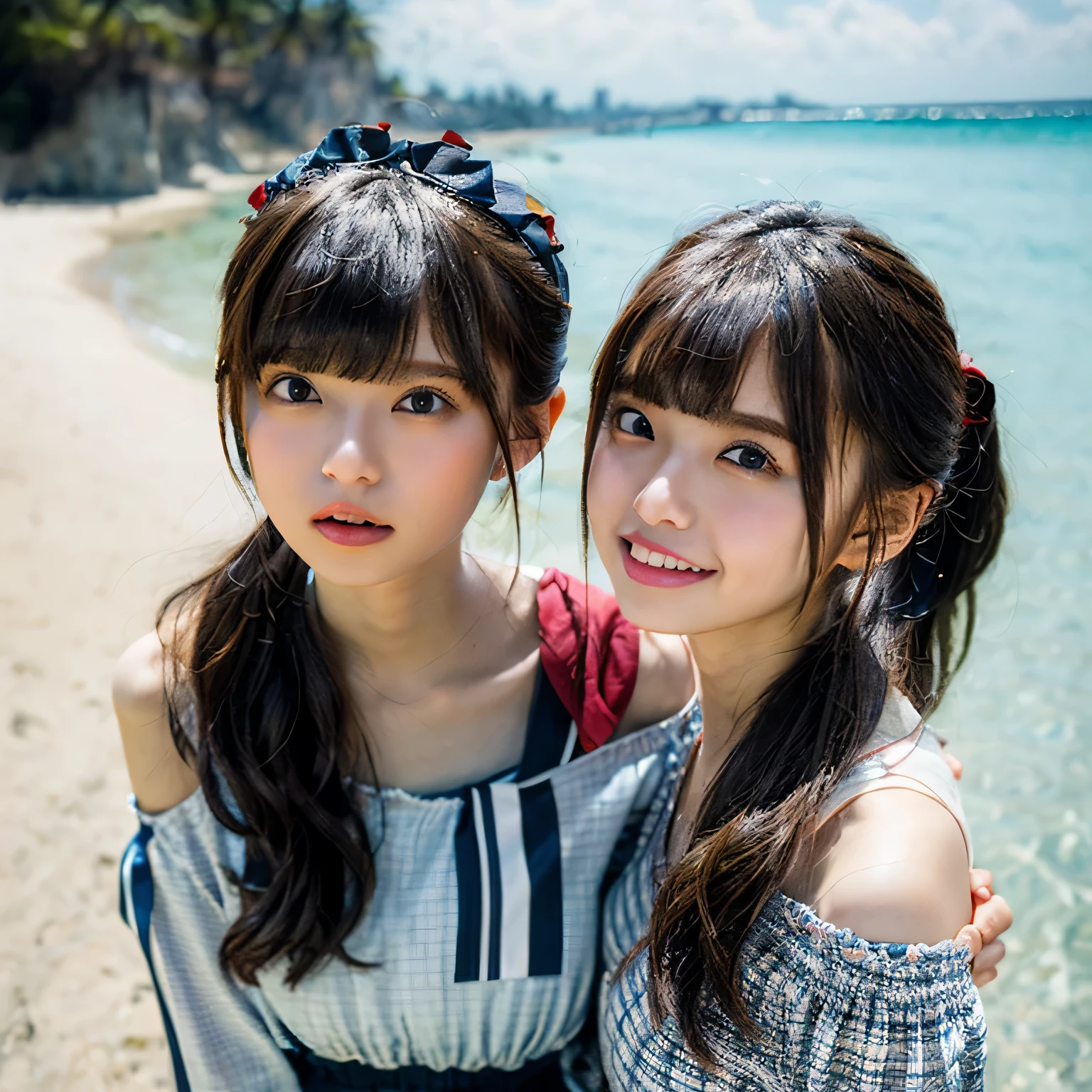 (8K、RAW photo、highest quality、master piece:1.2),(((two girls,duo,stroking,on the beach))),、super detailed、super resolution、(surreal:1.4)、（Use the kiss you throw as a camera）From above、camera shot from above、Shoot the camera angle from above、I&#39;m looking up at you、outstretched arm、spread your arms wide、Use high quality images taken from above with a camera、(girl on the beach 1 5 digits:1.3)、、offshore girl（dreamy lighting）from head to waist、、white skin、colorwhite female correction、Super high quality、、Beautiful female proofreading reflected in the light、amazing details、Highly detailed beautiful girl、(Faces with various patterns 1:1.2)、(Various facial expressions of emotion 1:1.3)、Each hairstyle has its own characteristics.、color々hairstyle、color々Hair color shines with a beautiful luster、I love fishing on a boat、Brown hair that sparkles in the light、One person has a ponytail、、modern cute girl、Highly detailed face Highly detailed eyes、very realistic skin、 very fine fingers, highly detailed nose, highly detailed mouth, perfect anatomy, (Off-the-shoulder Lolita outfit 1:1.2)、、The details of the hair are sparkling、hot teeth and smile、realistic body, white skin, glowing skin, Because I&#39;m slender, long straight hair, (dull bangs:1.2), , nixeu and sakimichan, Second time, seifuku, sakimichan, Still images for advertising, Larisa Manobar, Alena Aenami and Lilia Alvarado