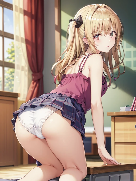 Lioftava, high resolution, best quality, An illustration, Super detailed, (Surface details), (eye for detail), soft lighting, best quality, Super detailed, masterpiece, 1 girl, solo,camisole, pleated skirt, shining eyes, (colorfully), upper bust, put a smile on your face, classroom, looking at the viewer、Summer clothes skirt,white cute panties、Turn around on all fours,Looks like it was taken from behind