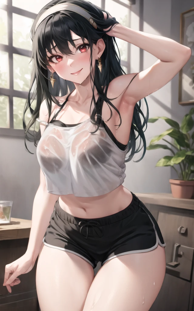 (masterpiece), (best quality), (beautiful eyes and face), (perfect female body), (shiny skin),
looking at viewer, cowboy shot,
1girl, solo, yor briar, black hair, long hair, red eyes,
medium breasts,
white hairband, gold earrings, jewelry, (black tanktop), (cleavege)
smile,
sitting on couch,
living room, facing viewer, large waist, thick thighs, thigh gap, dolfine shorts, short shorts, booty shorts, (36year old woman), bra under tanktop,long tanktop, tanktop tucked into shorts, facing viewer, top down, tanktop strap falling off shoulder, one bare shoulder, leaning over, bend over, leaning over viewer, Transparent tanktop, seethough tanktop, wet tanktop, black bra under tanktop, dripping wet, hand on head showing armpit, embarrassed , shiny body,