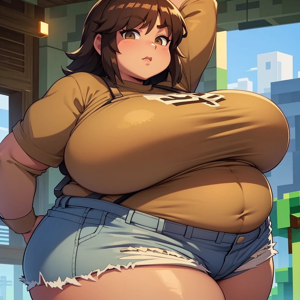 Female Jesse from Minecraft story mode she’s really obese and has really really massive, huge, absolutely giant titties, she is tan with short brown hair and is wearing a t-shirt, Jean shorts, and suspenders