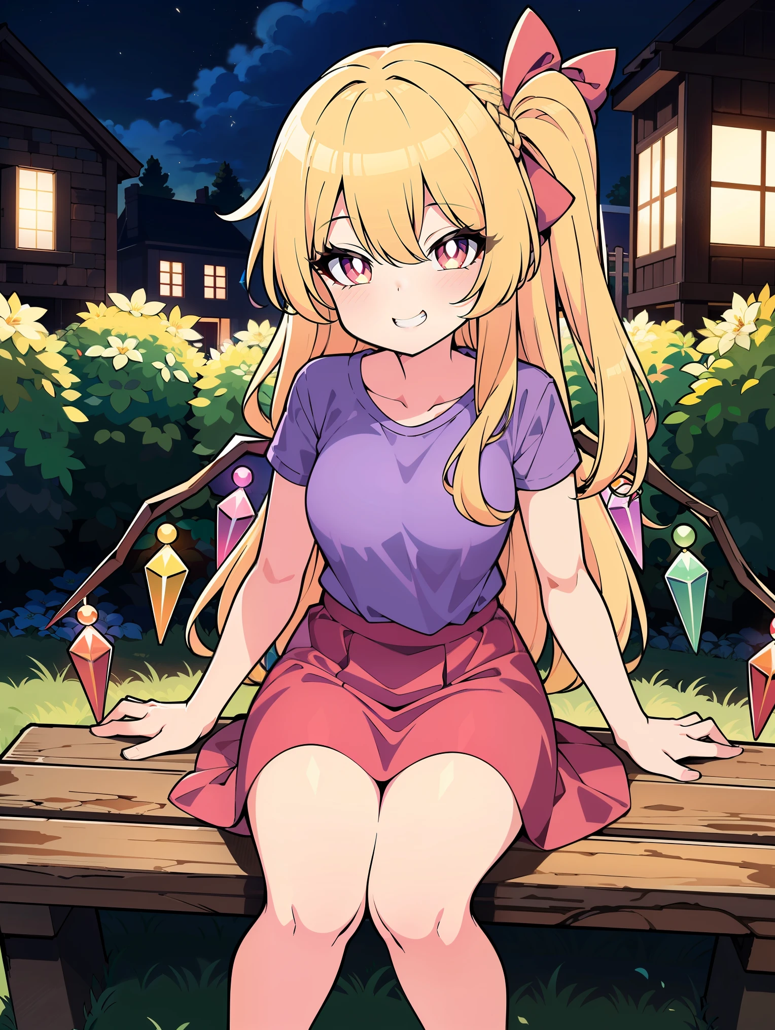 up view, (colorful:1.1), glowing, (ultra-high resolution, depth of field:1.2), (Flandre scarlet:1.1), (1woman), (adult), in her 20s, Touhou project, (medium breasts), (crimson eyes), white pupils, glowing eyes, blonde hair, wavy hair, (long hair:1.1), (french braid), (wearing a casual clothes:1.2), Arranged from the tip of her wings her 8 crystals which are presented in seven colors: light blue, blue, purple, pink, orange, yellow, light green and finally light blue again, (classic mansion scenery), garden, night time, (grinning), squinting eyes, sitting on a garden bench